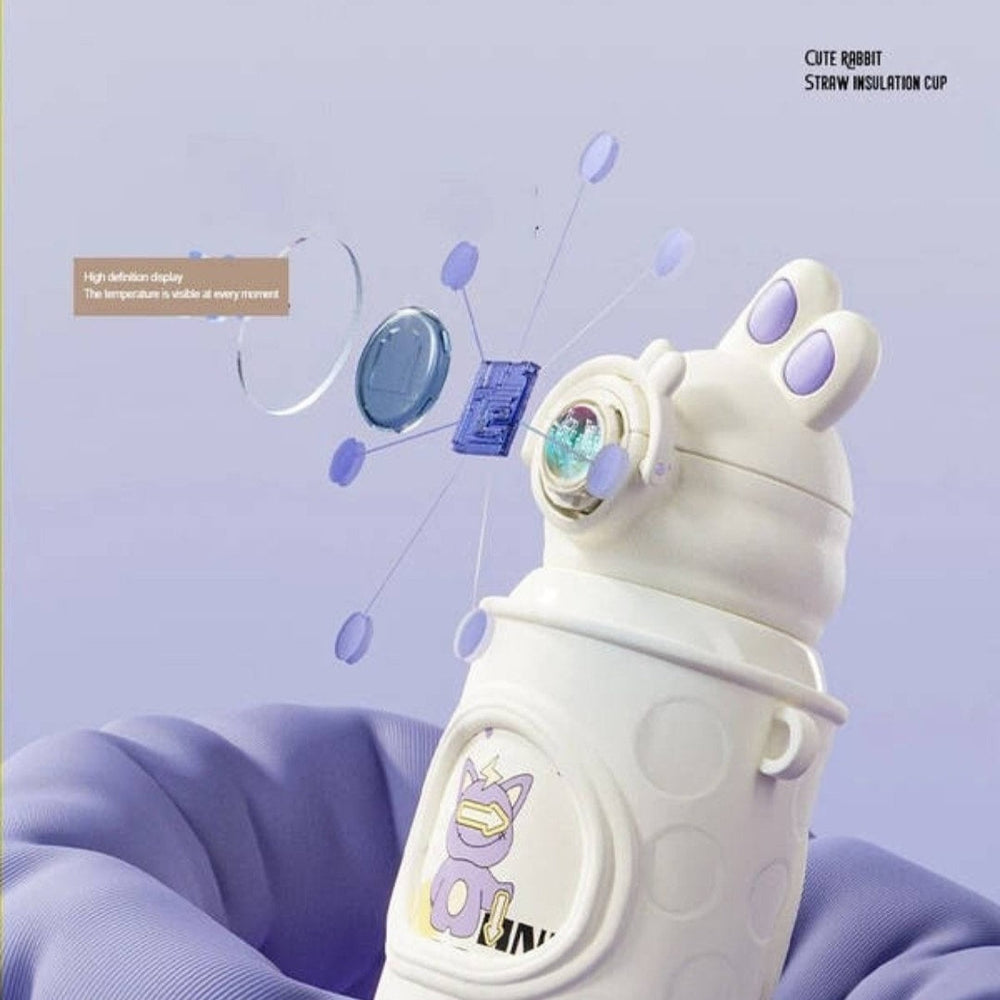 Yellow water bottle with cartoon character and strap on a yellow background