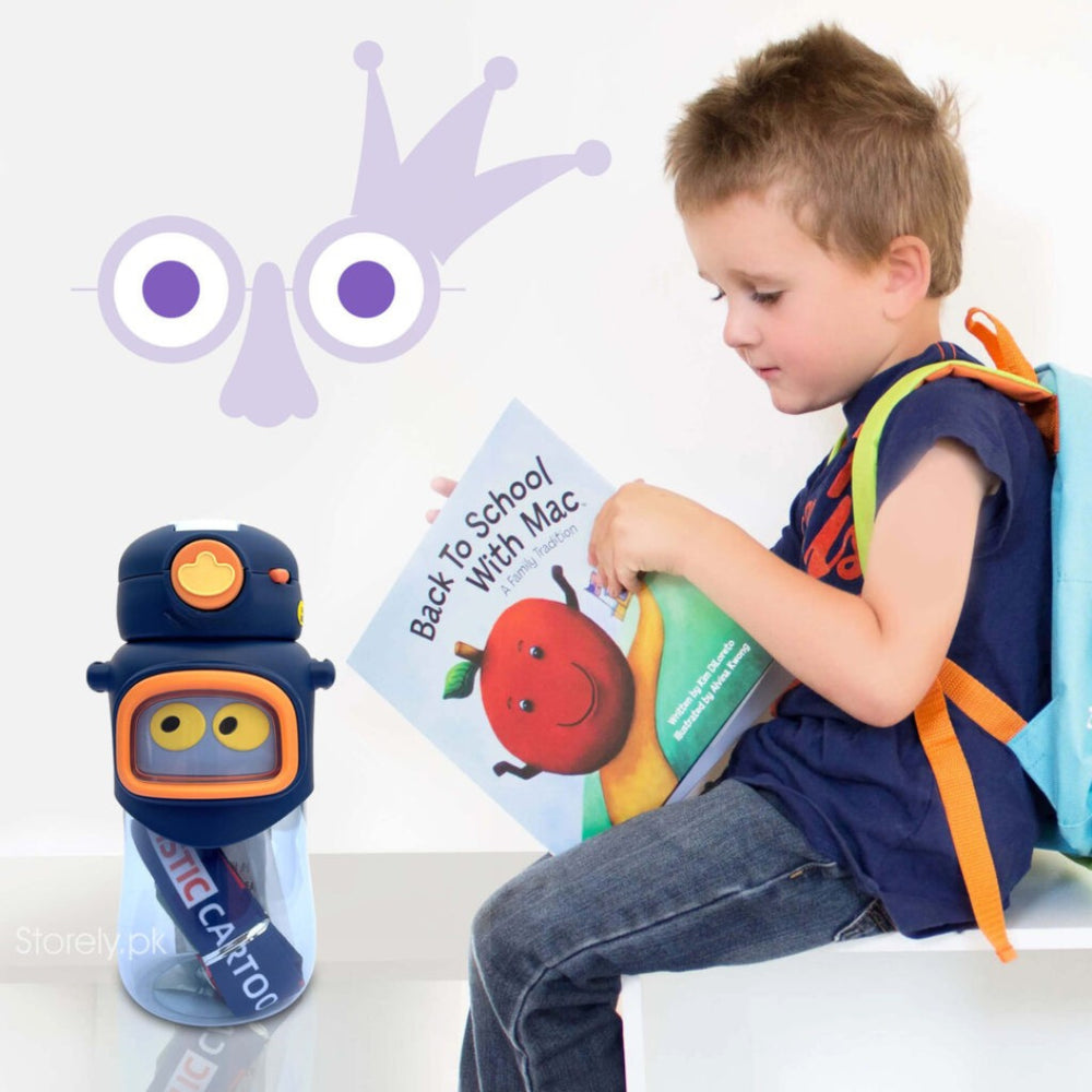 Red cartoon-style water bottle with a matching box on a white background