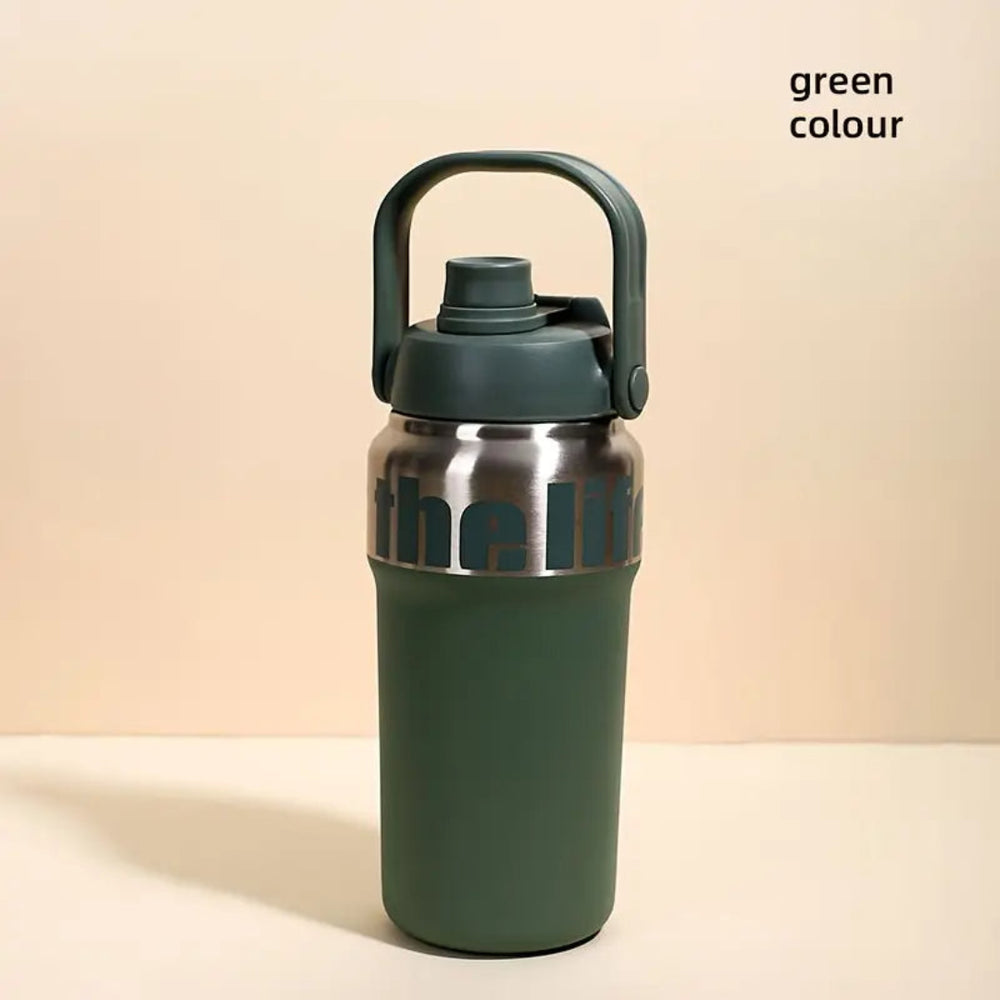 Black water bottle with a logo on a beige background