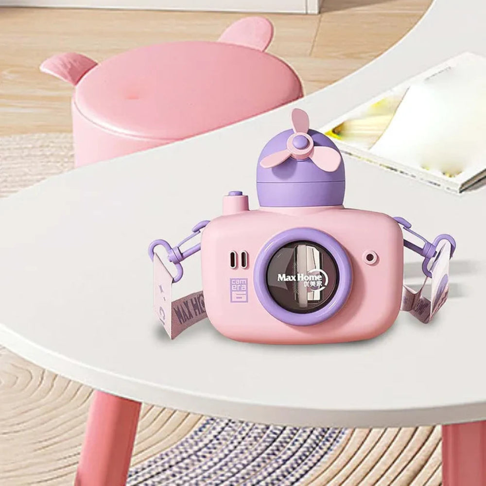 The red and white camera water bottle displayed next to its packaging, making it an ideal and fun gift for kids who need a new school water bottle